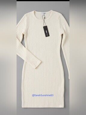 Ivory Ribbed Long Sleeve Bodycon Dress - L